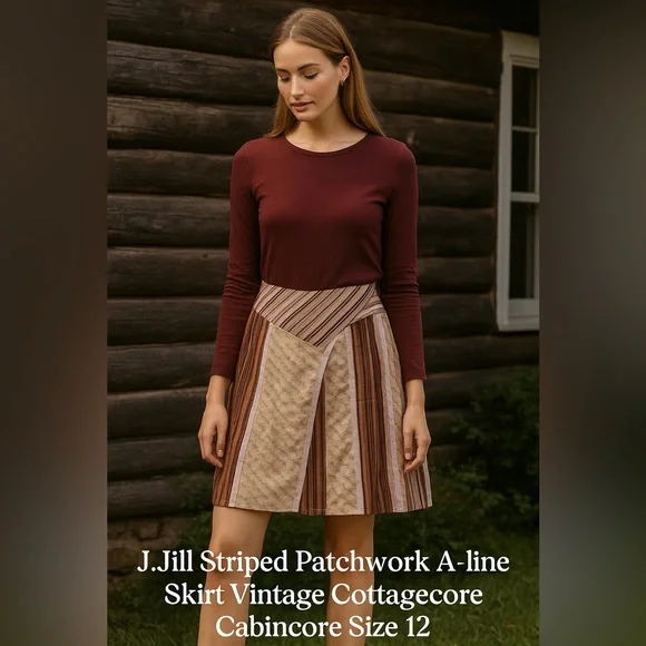 J.Jill striped patchwork A-line skirt Vintage Cottagecore Cabincore Size 12 - Picture 2 of 11